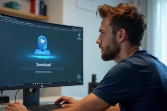 Homme regardant une barre de téléchargement sur un site de partage de fichiers comme 1fichier.com depuis son bureau à domicile
