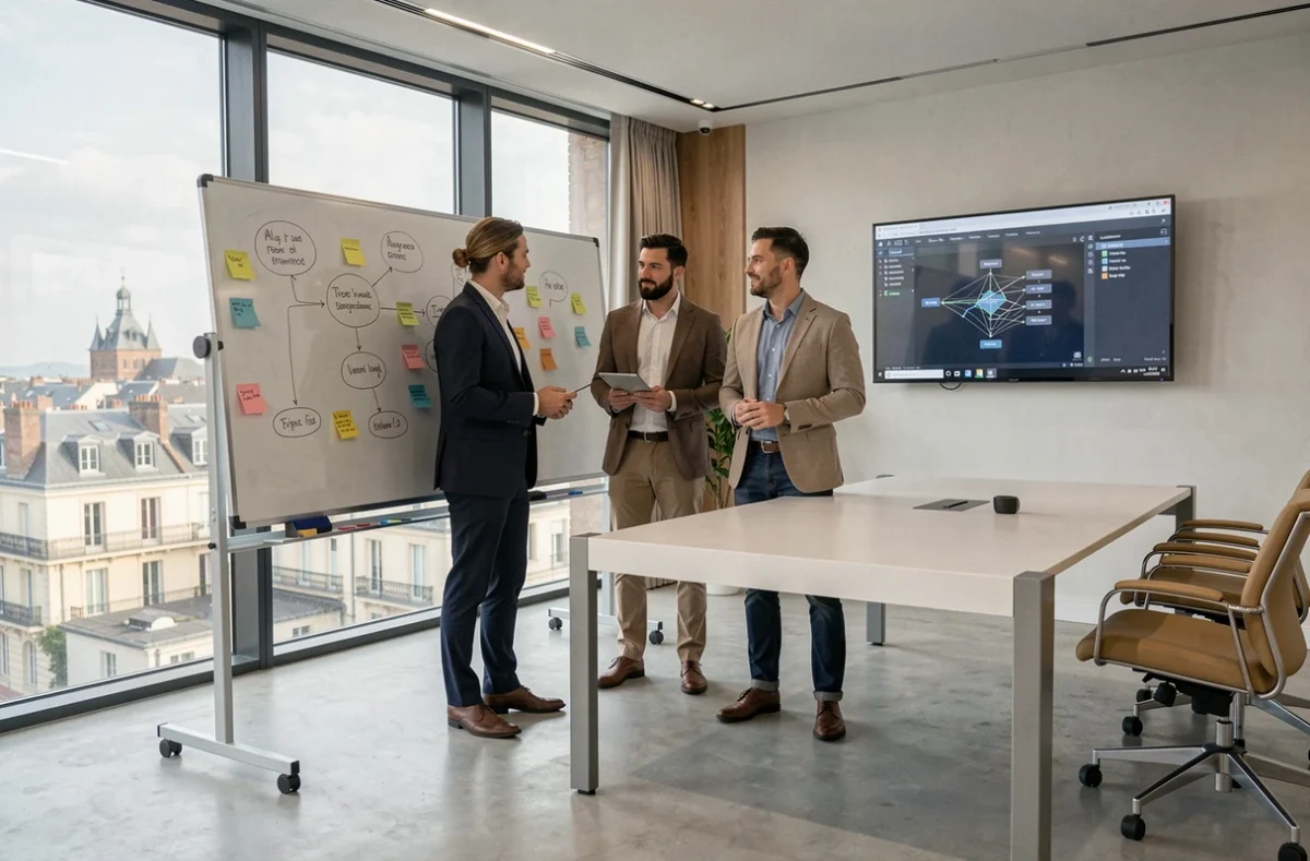 Équipe de consultants Accenture en session stratégique sur l'intelligence artificielle avec vue sur Bordeaux