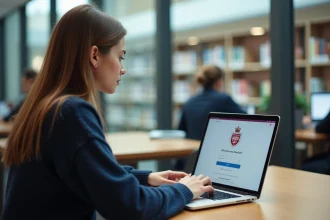 Étudiante accédant à sa messagerie universitaire UGA sur un ordinateur portable dans une bibliothèque
