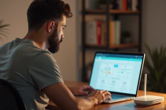 Homme accédant à l'interface Freebox OS sur un ordinateur portable depuis son bureau à domicile