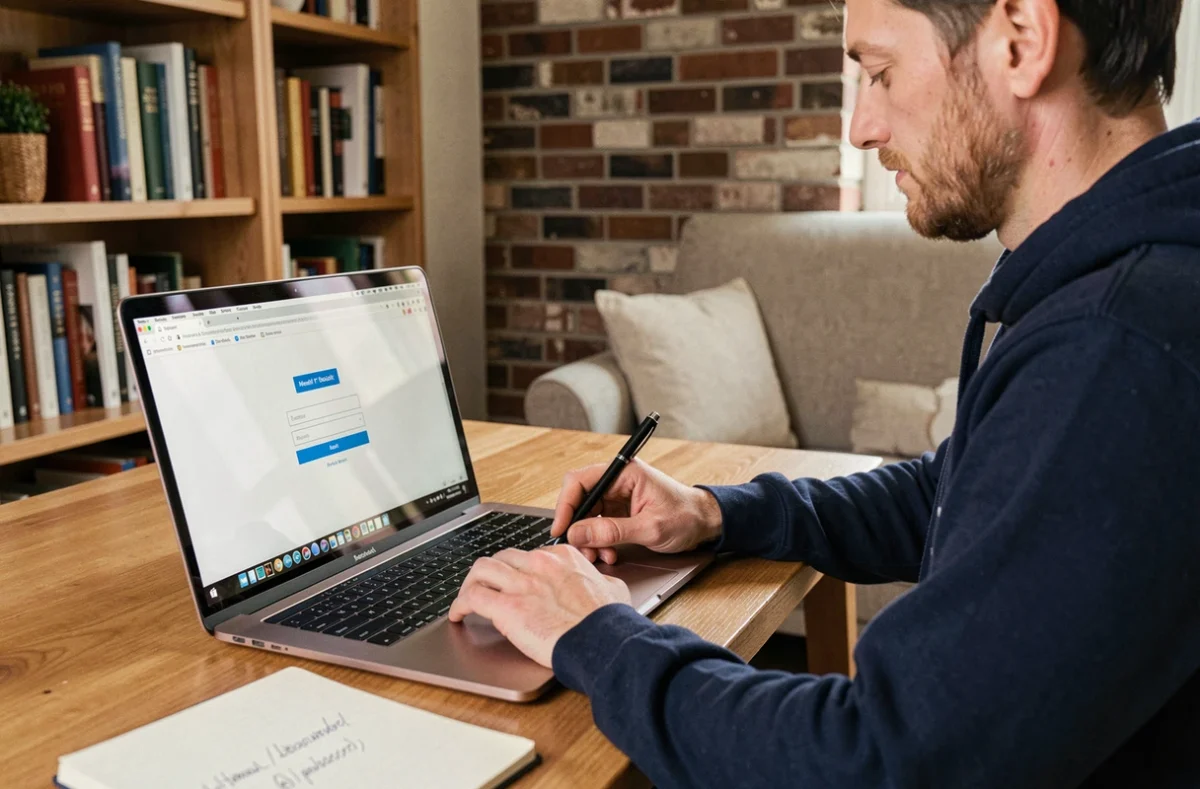 Homme accédant à son webmail depuis un ordinateur portable dans un bureau à domicile