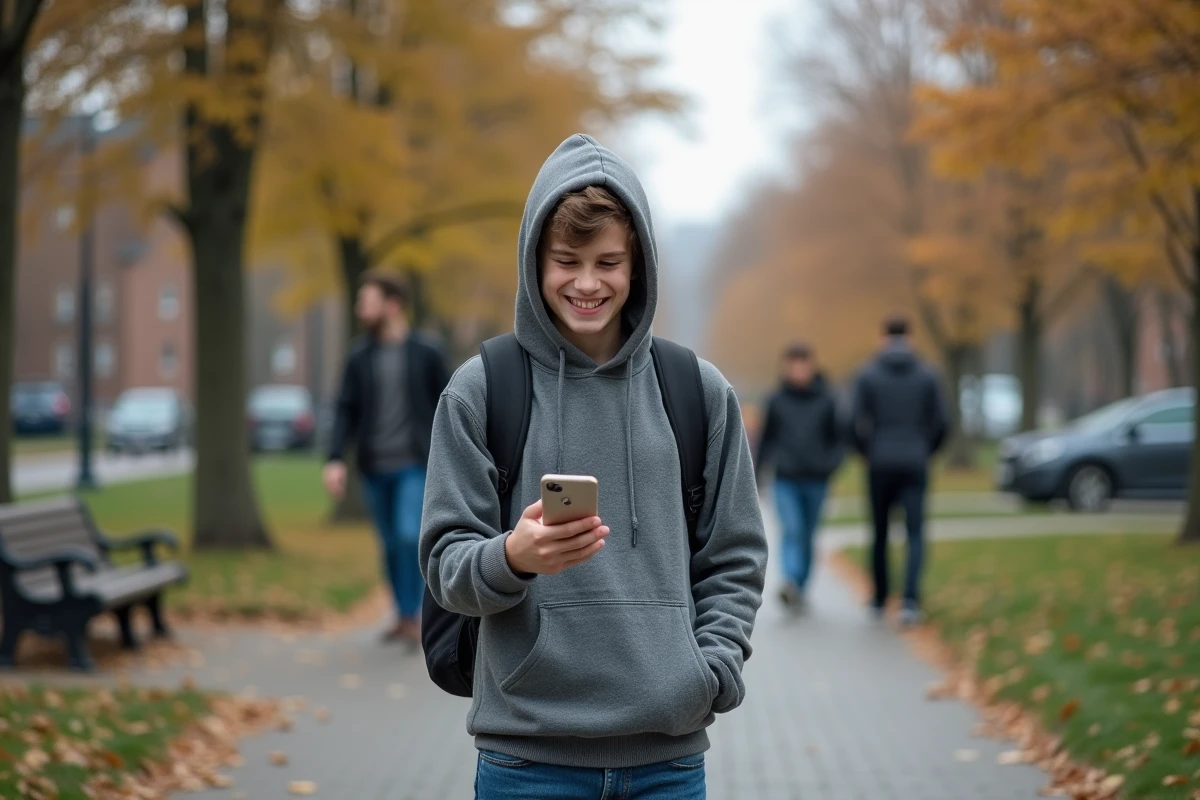 Adolescent vérifiant ses photos sauvegardées dans un parc urbain