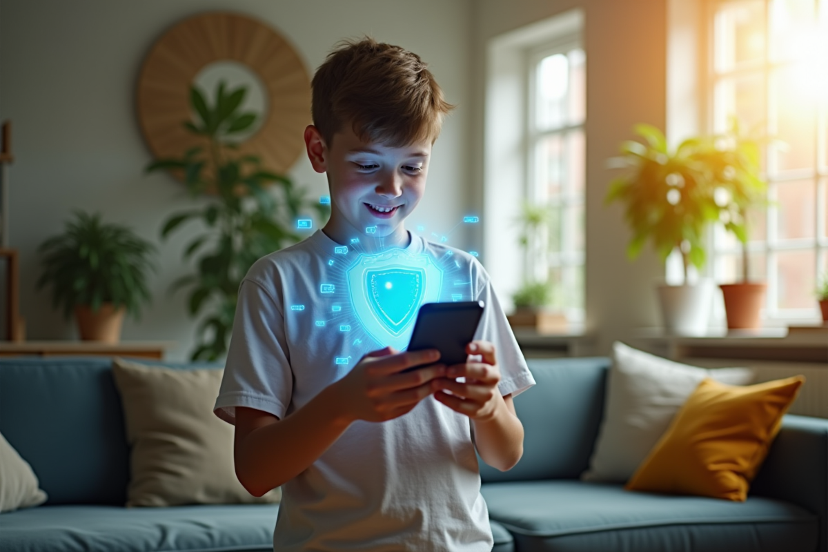 Adolescent avec smartphone protégé par un bouclier digital lumineux