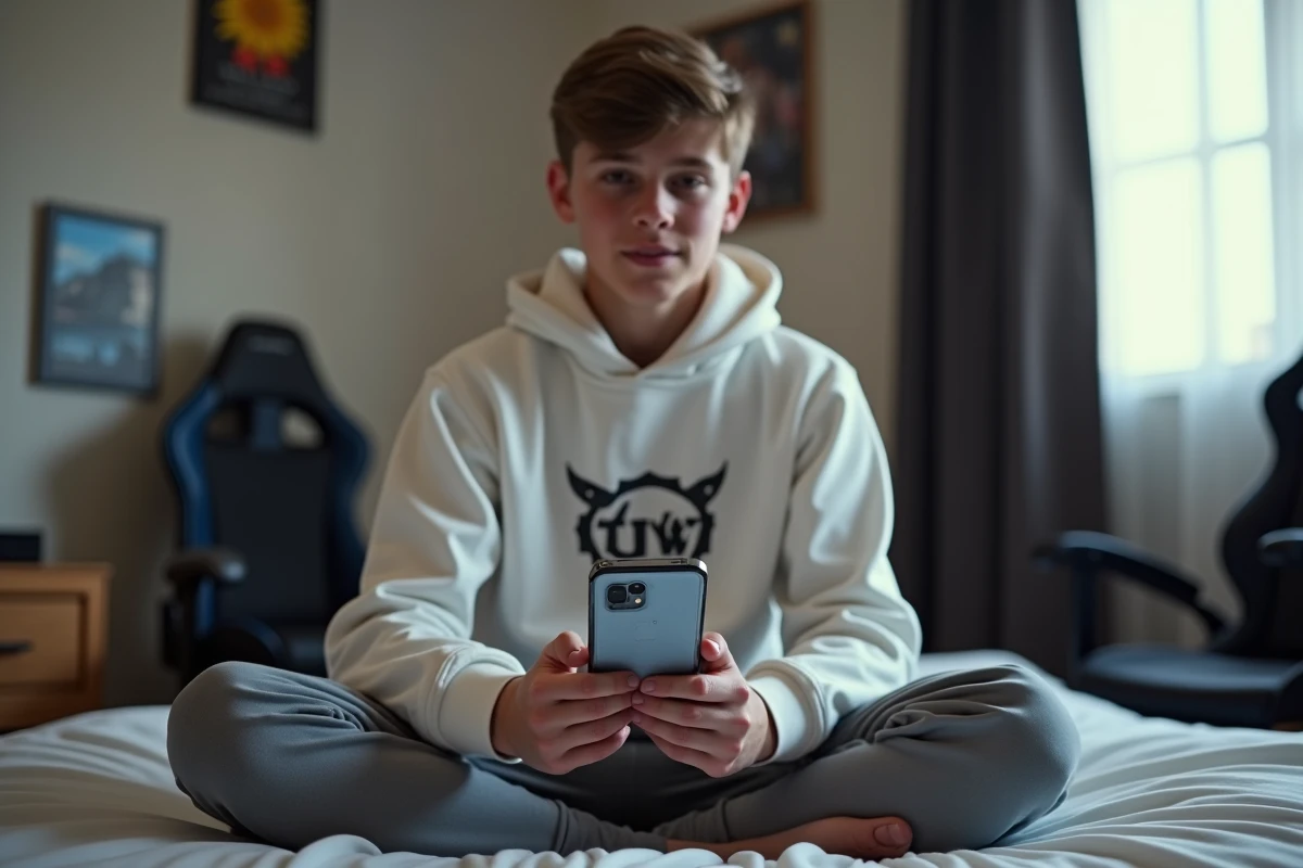Adolescent utilisant Zupimage sur smartphone pour copier un lien d'image à partager sur un réseau social depuis sa chambre