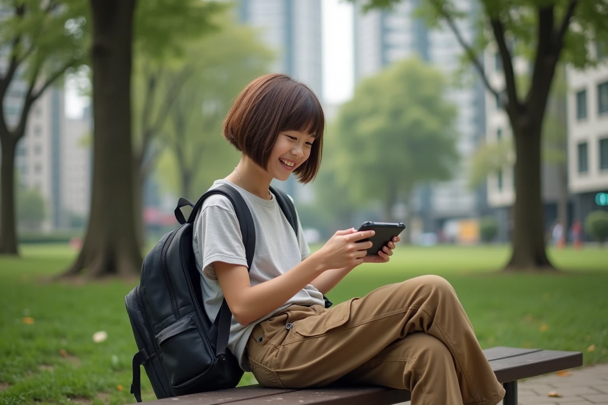 Adolescente souriante jouant sur une console portable dans un parc urbain