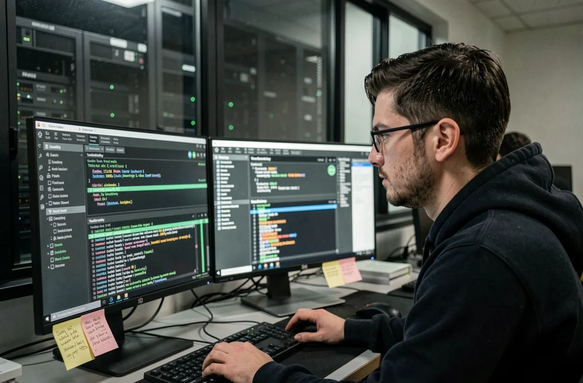 Ingénieur d'Advens analysant des logs de sécurité et des tableaux de bord de cybersécurité dans un environnement de développement logiciel spécialisé