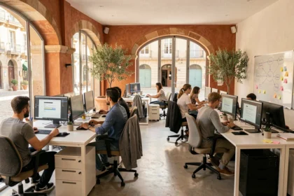 Vue grand angle d'une agence de développement web moderne en Occitanie avec des développeurs collaborant autour d'écrans affichant des interfaces web