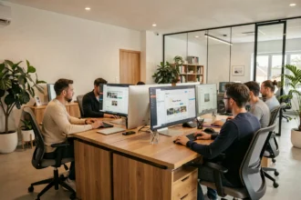 Bureau d'agence digitale moderne dans les Yvelines avec des professionnels travaillant sur des projets WordPress