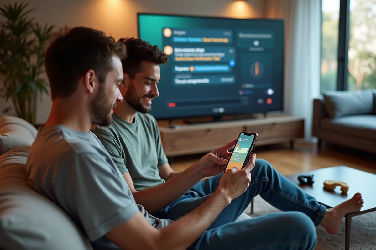 Deux amis consultant la messagerie de support Activision sur smartphone pour contester un bannissement de compte