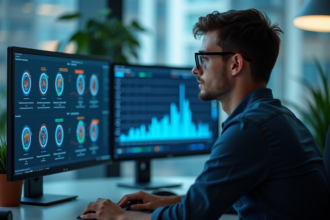 Jeune analyste cybersécurité devant un grand écran de graphs