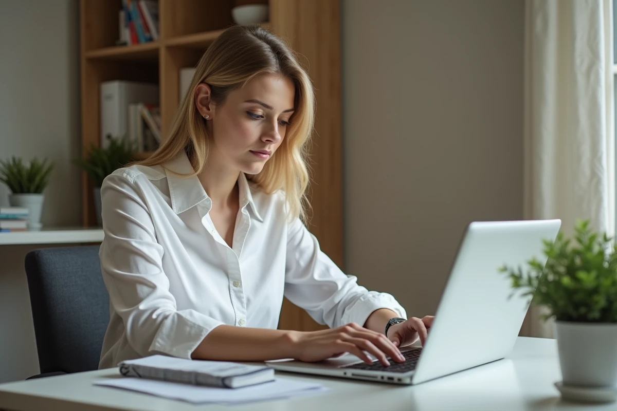 Femme rédigeant un appel de bannissement sur le site de support Activision depuis son bureau à domicile