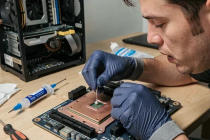 Technicien appliquant de la pâte thermique sur un processeur lors d'un montage PC