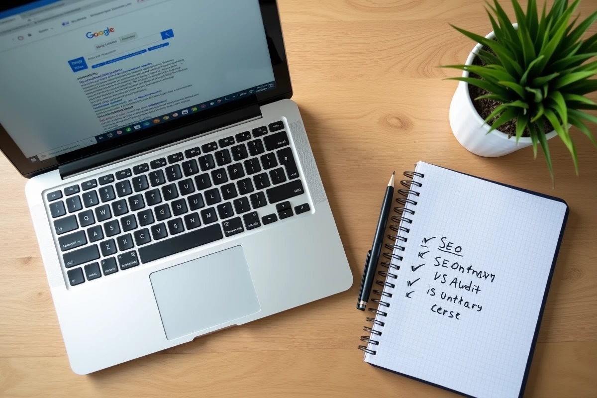 Vue aérienne d'un bureau avec un laptop affichant Google USA et des notes SEO manuscrites pour tester un site en localisation américaine