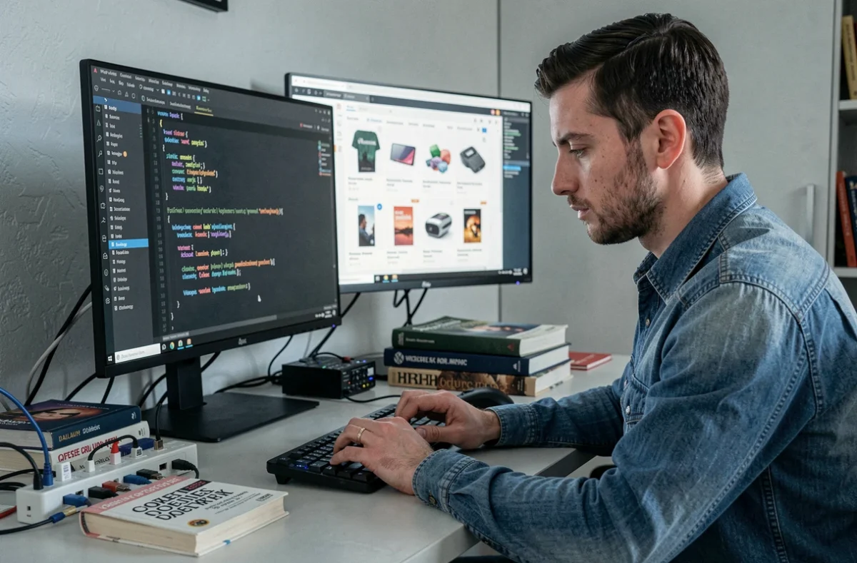Développeur BSA Web écrivant du code WooCommerce sur un éditeur sombre avec un catalogue produits WordPress visible
