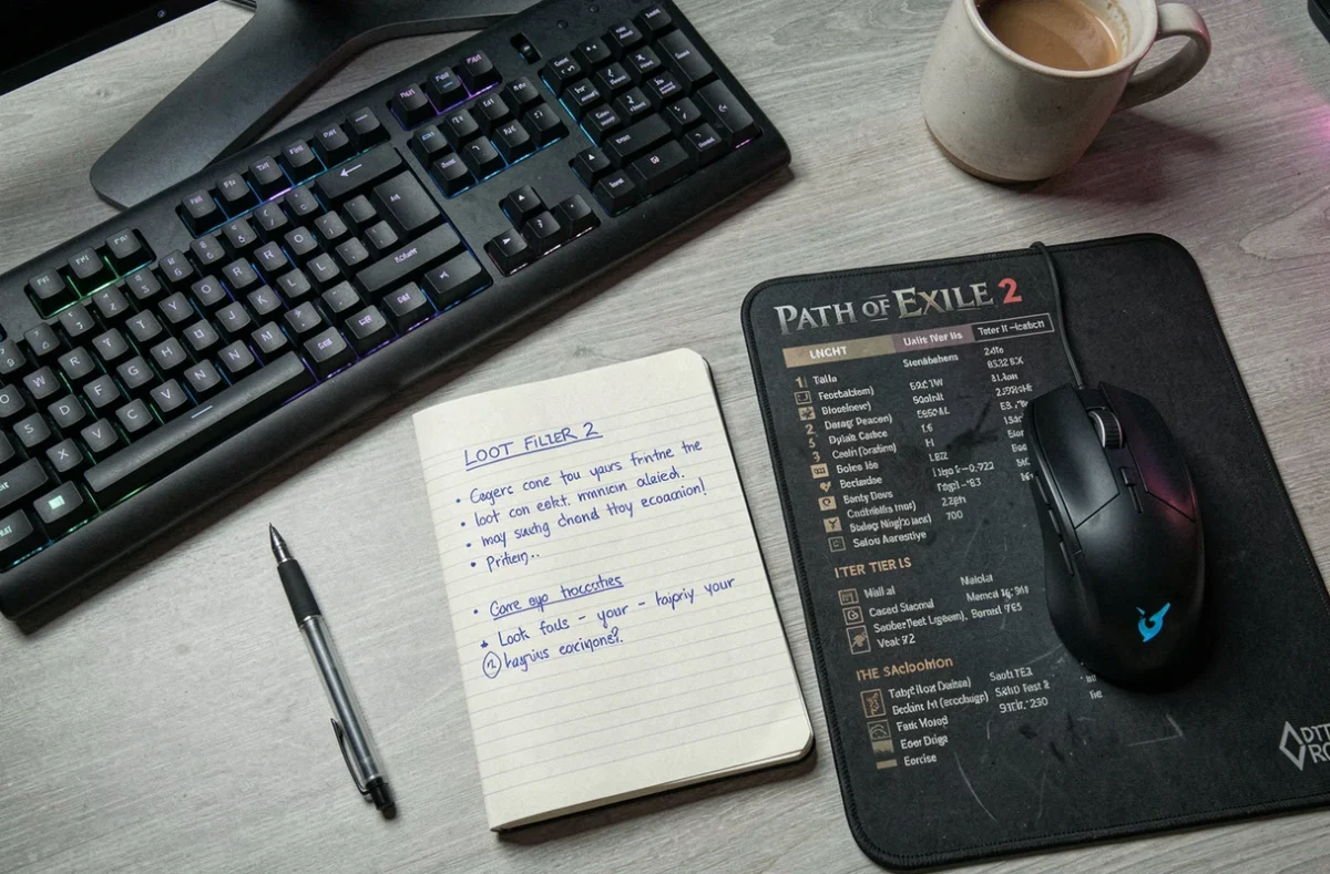 Vue aérienne d'un bureau de joueur avec notes manuscrites sur les réglages de filtre de loot pour Path of Exile 2