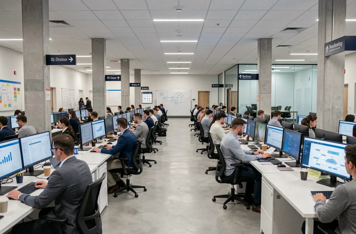 Plateau de développement logiciel industriel de Capgemini avec des équipes d'ingénieurs travaillant sur des applications d'entreprise à grande échelle