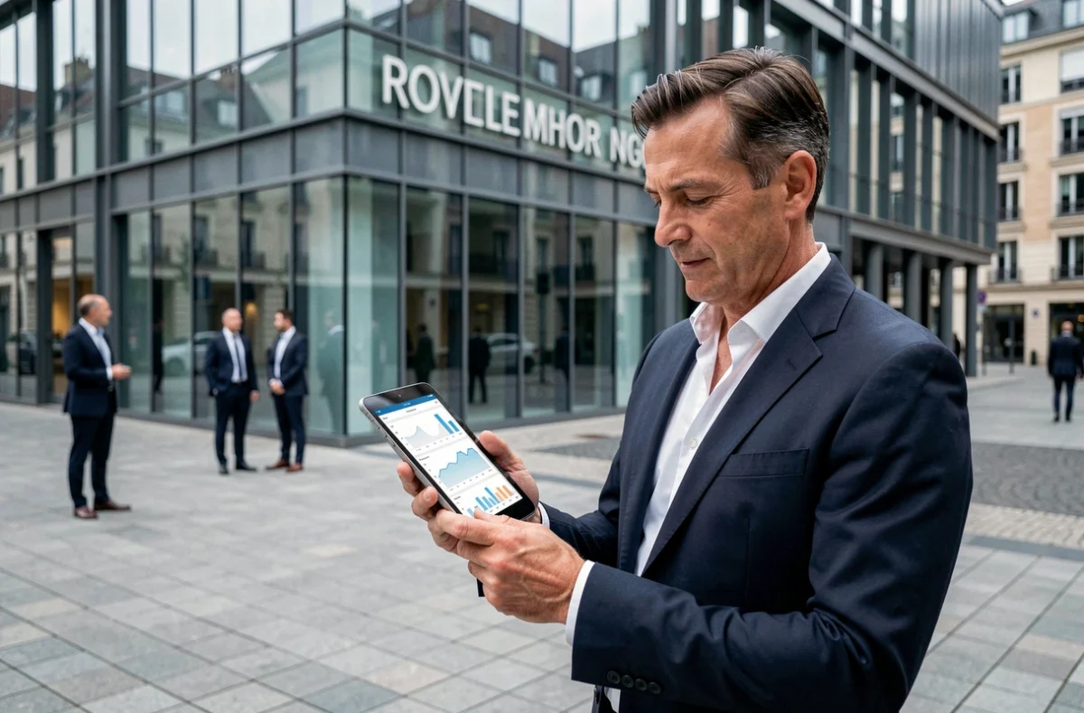 Consultant senior de Capgemini devant un immeuble corporate à Bordeaux tenant une tablette avec des données analytiques
