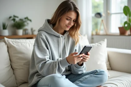 Jeune femme tenant un smartphone Samsung et effectuant une capture d'écran en appuyant sur les boutons latéraux