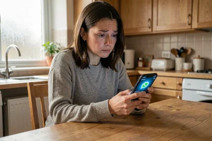 Femme tenant un smartphone affichant le cercle bleu WhatsApp avec une expression perplexe dans une cuisine moderne