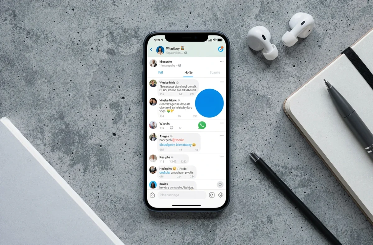 Vue de dessus d'un smartphone affichant l'icône du cercle bleu WhatsApp posé sur une surface en béton