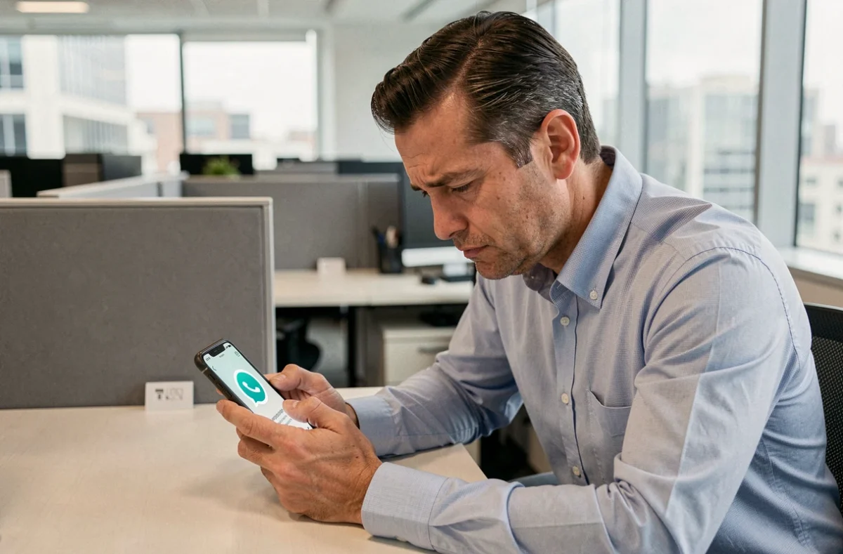 Homme en bureau regardant son téléphone avec le cercle bleu WhatsApp activé sans son consentement