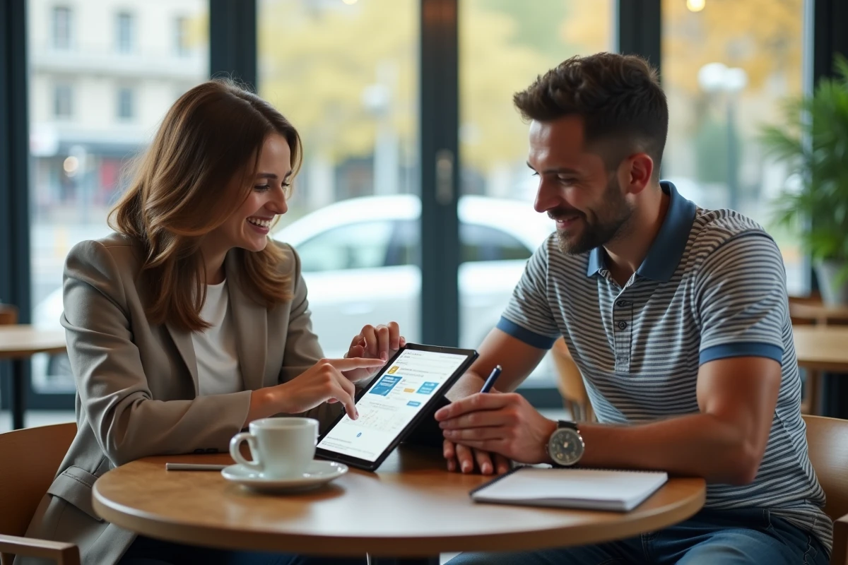 Deux collègues discutant du choix d'un logiciel emailing autour d'une tablette dans un café moderne