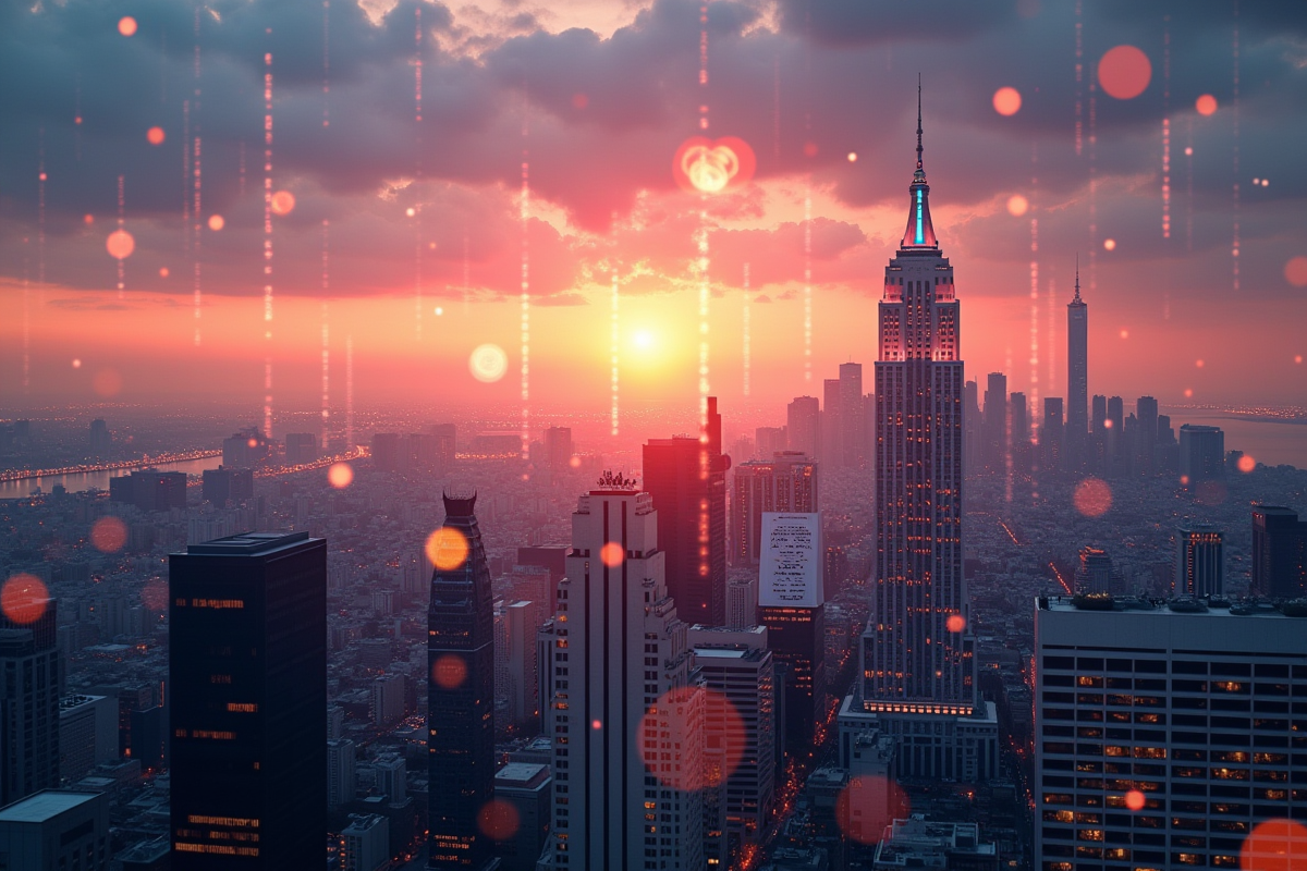 Silhouette de la ville au lever du soleil avec icônes numériques