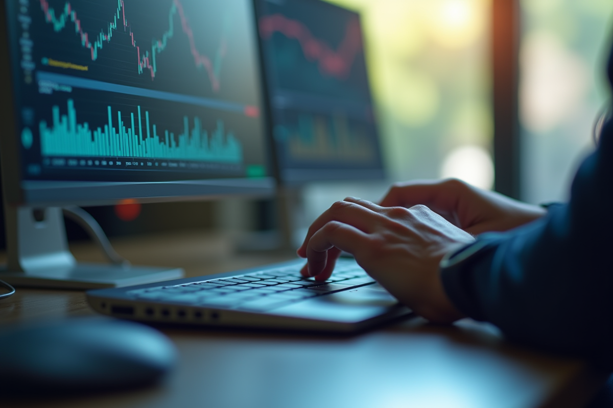 Mains tapant sur un clavier avec graphiques SEO à l