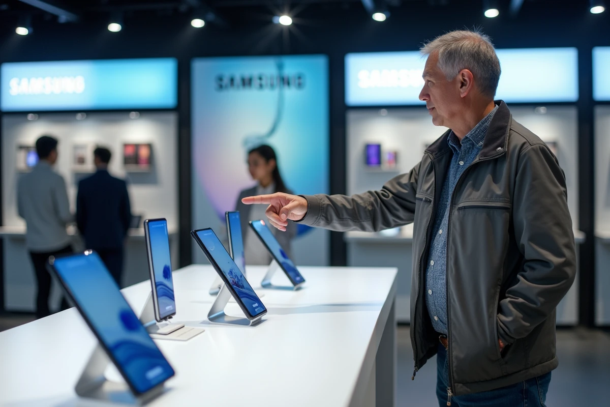 Client choisissant le meilleur Samsung Galaxy dans un magasin d'électronique face à un présentoir de smartphones