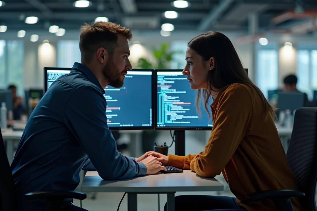 Deux développeurs collaborant sur des options avancées de la commande popd dans un terminal bash en open space professionnel