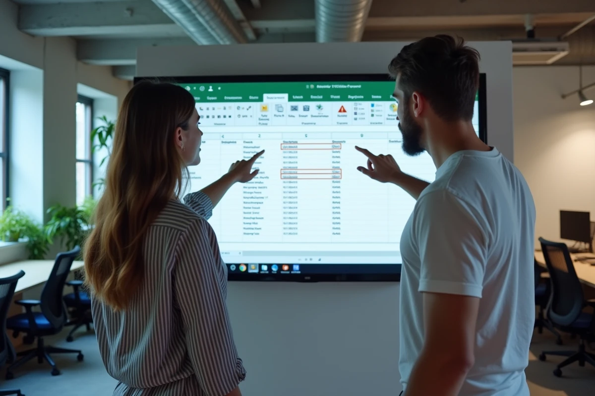 Deux collègues en espace de coworking identifiant des adresses email en doublon sur un tableau Excel affiché au mur