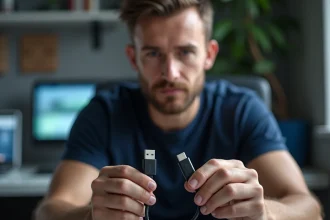 Technicien tenant côte à côte un câble USB Type-A et un câble USB Type-C pour comparer les deux connecteurs