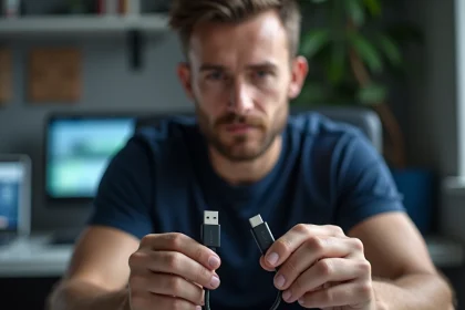 Technicien tenant côte à côte un câble USB Type-A et un câble USB Type-C pour comparer les deux connecteurs