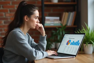 Jeune femme comparant des logiciels d'emailing sur son ordinateur portable dans un bureau à domicile