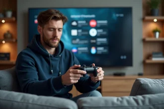 Homme comparant deux manettes de consoles next-gen dans un salon moderne avec télévision 4K en arrière-plan
