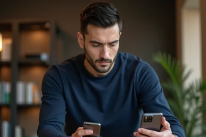 Homme comparant deux smartphones Android milieu de gamme dans un bureau minimaliste moderne