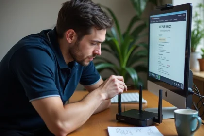 Technicien informatique configurant les paramètres DHCP sur un routeur Wi-Fi depuis un bureau à domicile