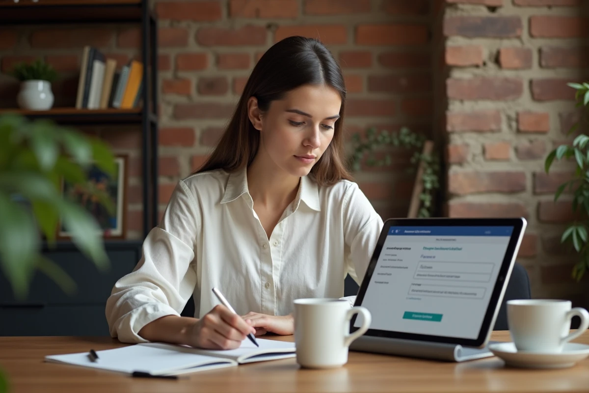 Femme configurant l'accès à sa messagerie UGA sur une tablette depuis son bureau à domicile