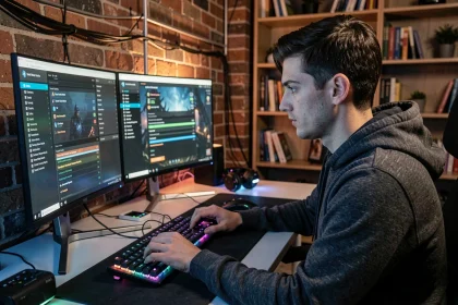 Joueur configurant un filtre de loot sur Path of Exile 2 devant un double écran dans un bureau gaming moderne