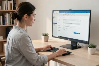 Femme configurant Outlook avec les paramètres IONOS webmail sur un bureau moderne
