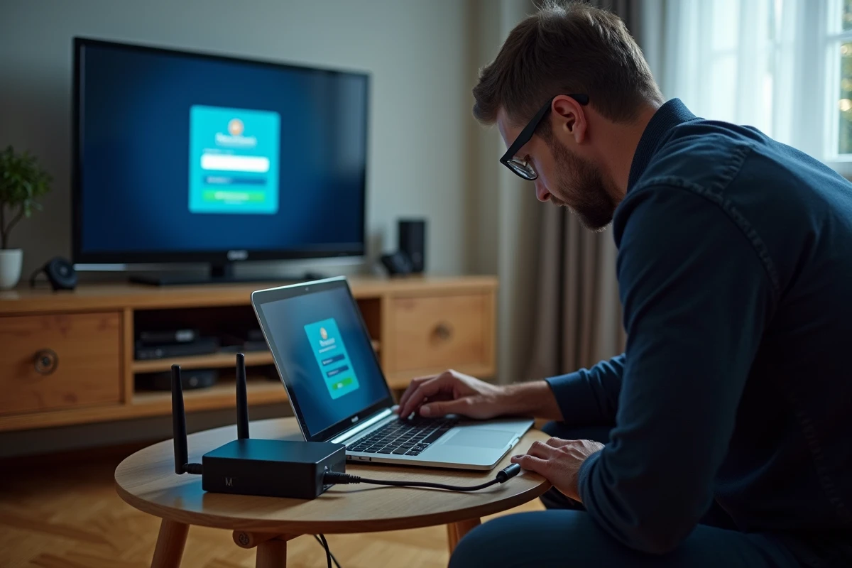 Homme configurant sa Freebox en vérifiant le routeur et l'interface de connexion mafreebox.freebox.fr