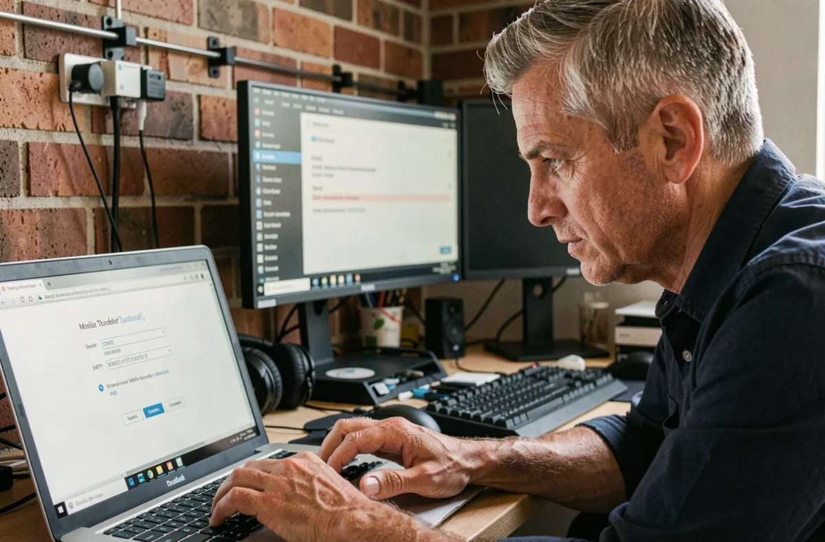 Homme configurant Thunderbird avec les serveurs IMAP et SMTP IONOS sur un ordinateur portable