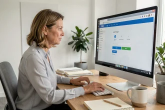 Femme professionnelle se connectant à son compte webmail depuis un ordinateur de bureau au bureau