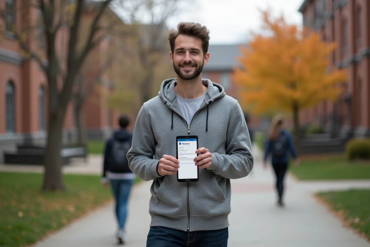 Étudiant consultant ses emails UGA sur smartphone en extérieur sur le campus universitaire