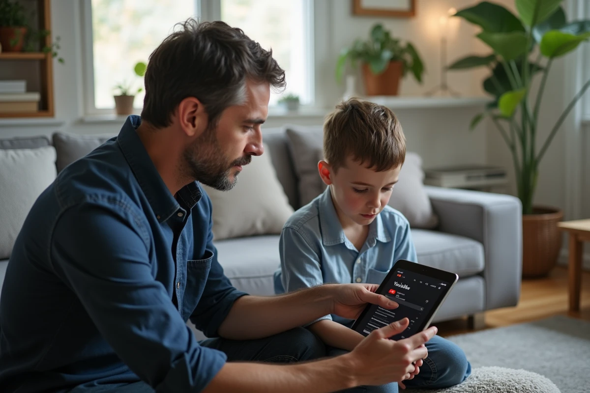 Parent et adolescent consultant les paramètres de contrôle parental YouTube sur une tablette dans un salon familial