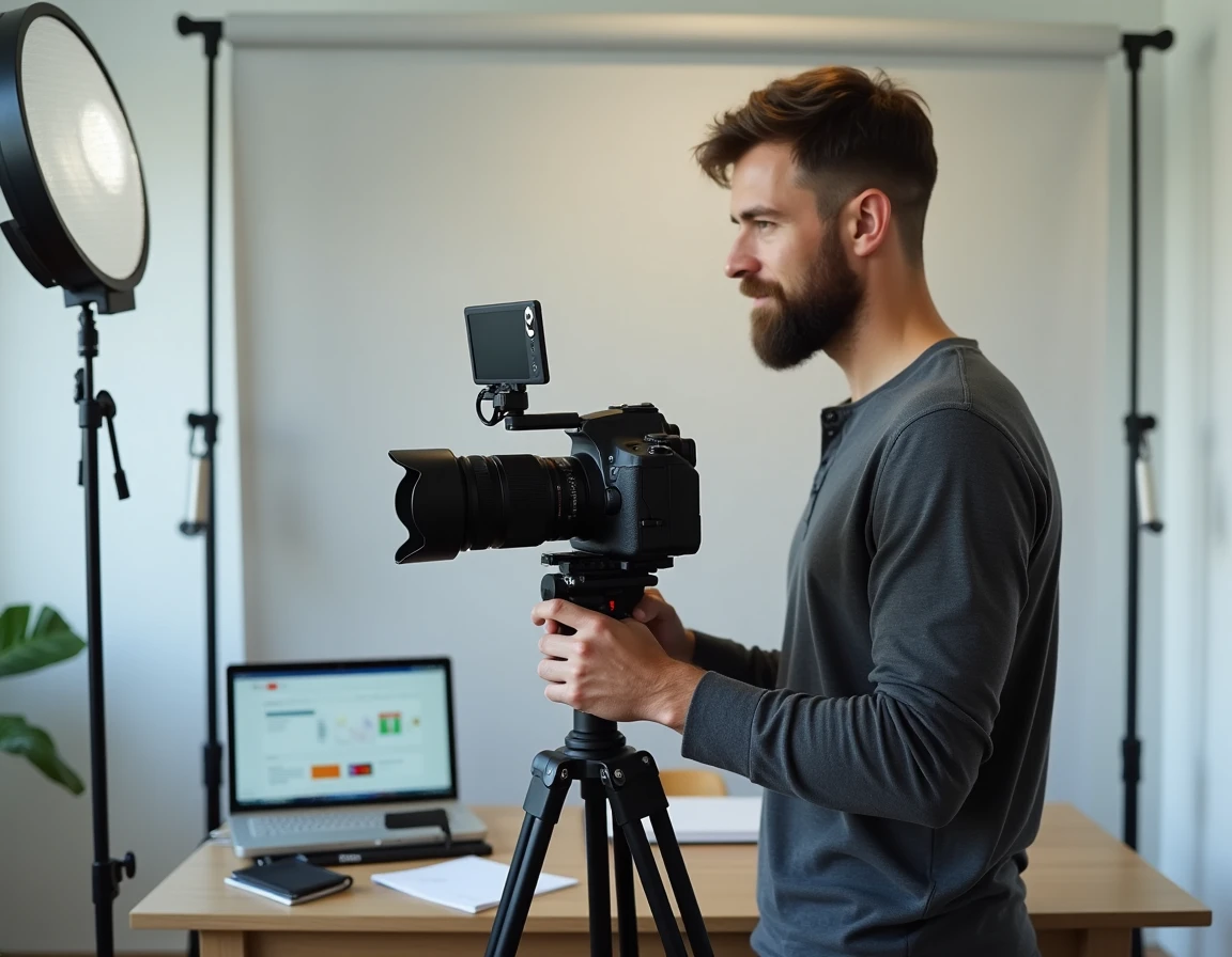 Créateur de contenu vidéo en studio ajustant sa caméra pour produire du contenu destiné aux plateformes numériques
