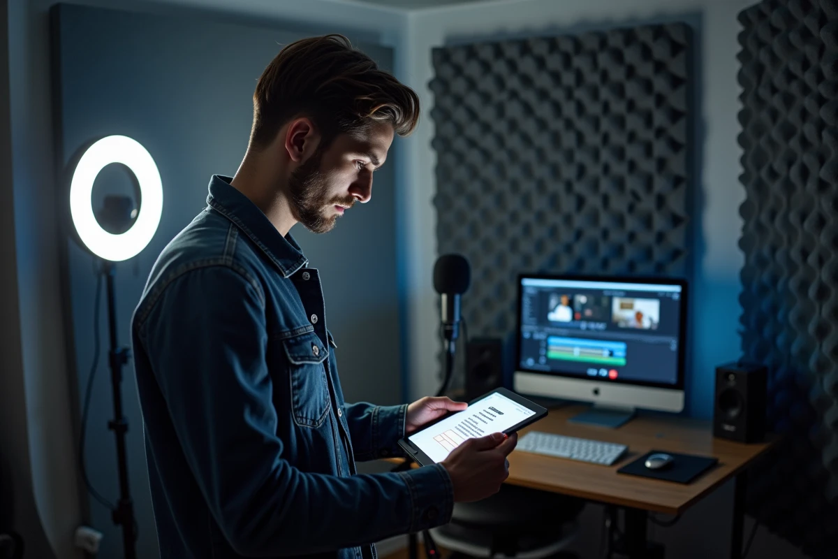 Créateur de contenu découvrant une réclamation de droits d'auteur sur son tableau de bord de plateforme vidéo dans son studio
