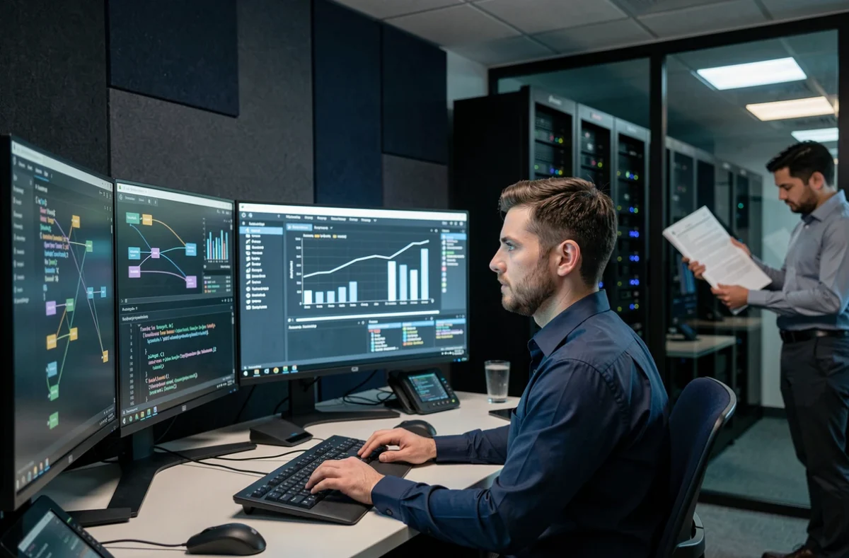 Analyste de données de DATASOLUTION travaillant sur des pipelines de données et des tableaux de bord personnalisés dans un centre d'opérations spécialisé