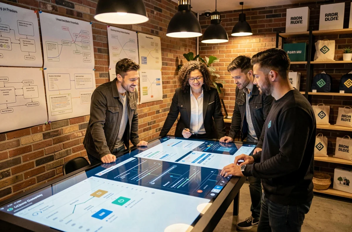 Équipe de l'agence Dernier Cri à Lille collaborant autour d'une table tactile pour concevoir des produits numériques et développer des logiciels sur mesure