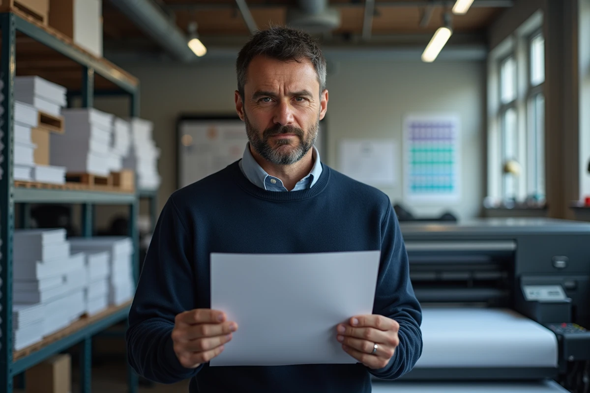 Designer graphique inspectant un document A4 imprimé avec des défauts de pixelisation dans un studio d'impression professionnel